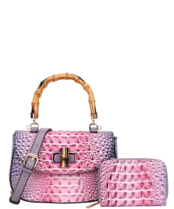2 in 1 Crocodile Bamboo Handle Tie-dyed Satchel Wallet Set CE-8904A LAVENDER